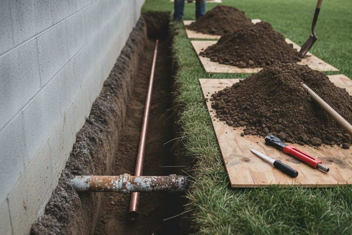 Excavated water line trench during Water Softener Installation in Muse